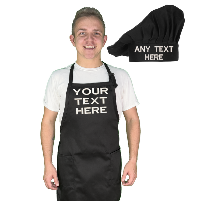 Personalized Chef Apron with Hat Set for chef Embroidered Design - Aprons for Women and Men, Kitchen Chef Apron with 2 Pockets and 40" Long Ties, Adjustable Bib Apron for Cooking, Serving - 32" x 34"