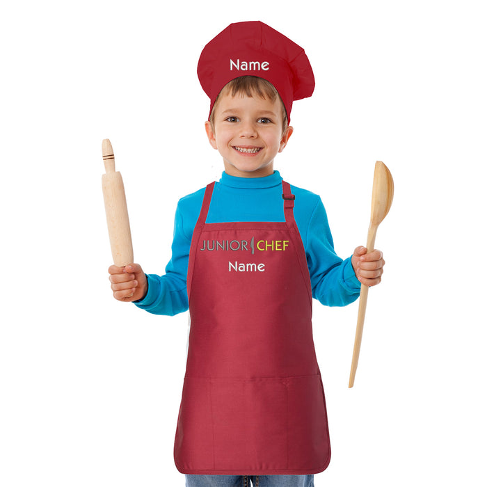 Personalized Junior Chef Kids Set Apron with Hat – Custom Customized Kitchen Apron for Cooking Backing Grill Grilling BBQ - Any Name Design – Great Gift