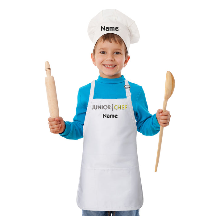 Personalized Junior Chef Kids Set Apron with Hat – Custom Customized Kitchen Apron for Cooking Backing Grill Grilling BBQ - Any Name Design – Great Masterchef Gift